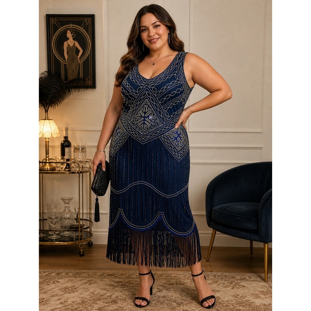 FUNDaisy Blue Beaded Fringe Flapper Dress Art Deco Gatsby Sleeveless 2x